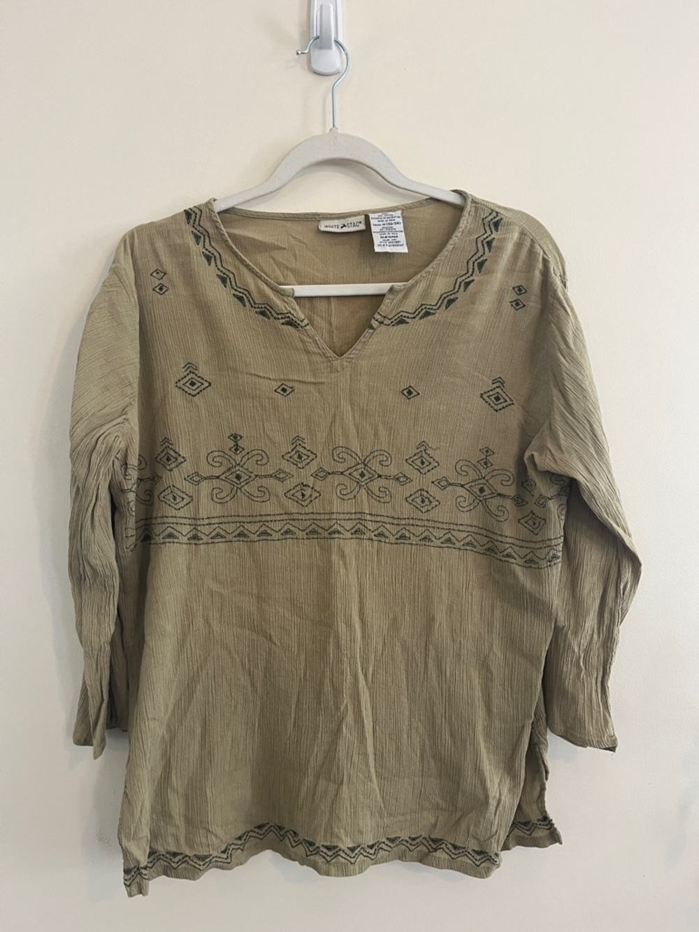 Vintage White Stag Cotton Boho Top Embroidered Green Fairy Grunge Earthy M Crepe